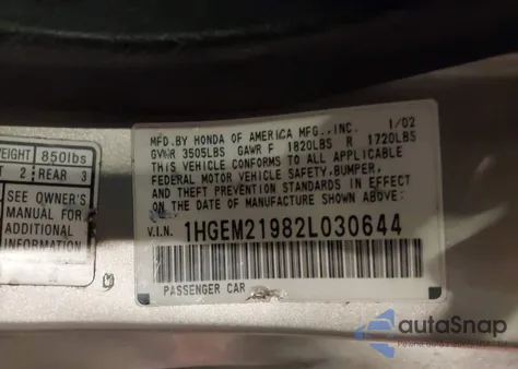 2002 Honda Civic Ex из США, поврежденный, VIN 1HGEM21982L030644